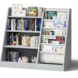 NACHES 4 Tier Kid Bookshelf Wooden 5 Sling Children Bookcase Toddler Montessori Bookcase Book Rack Display Toy Storage Organizer Book Display Shelf St