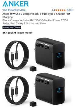 isit the Anker Store 4.8 4.8 out of 5 stars (5,301) Anker 45W USB C Charger Block, 2-Pack Type C Charger Fast Charging Phone Charger Includes 5ft USB-