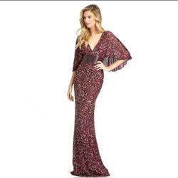 MAC DUGGAL SEQUINED V-NECK CAPE SLEEVE BEADED WAIST GOWN Womens Size 16