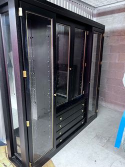 Cherry wood Wardrobe Armoire with Glass Doors and Drawers