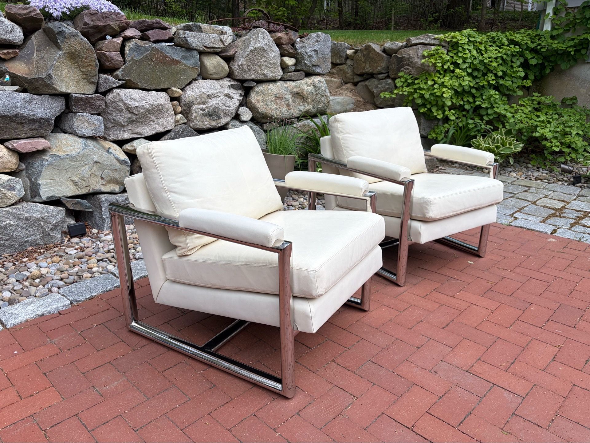 Pair of MG+BW “Presley” Ivory Leather & Chrome Armchairs