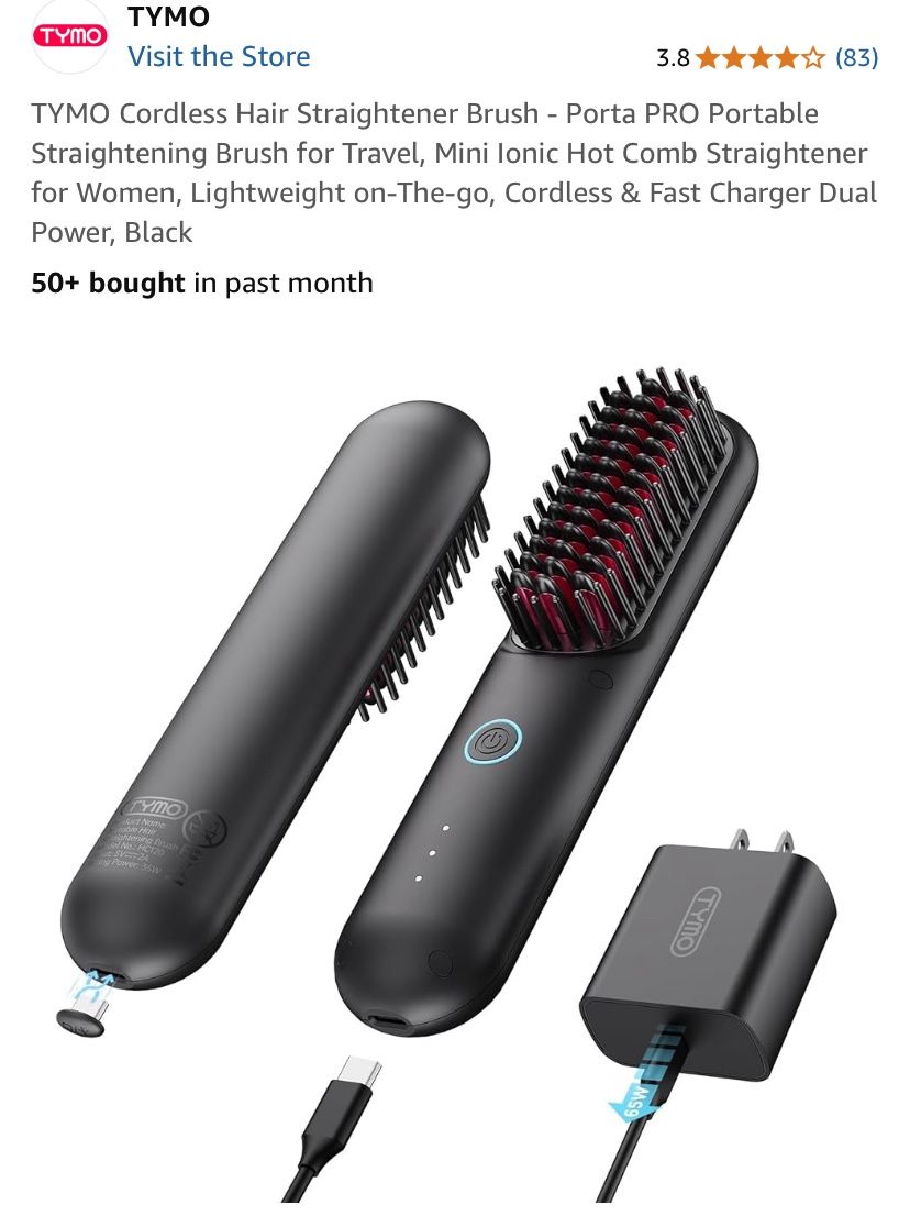 TYMO Cordless Hair Straightener Brush - Porta PRO Portable Straightening Brush for Travel, Mini Ionic Hot Comb Straightener for Women, Lightweight on-