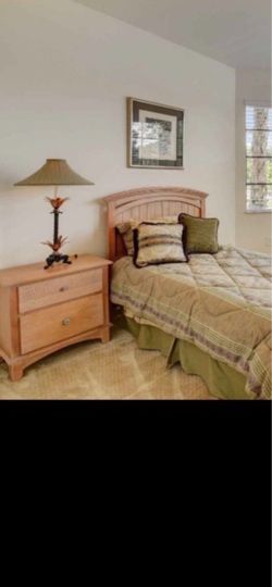 Twin wooden beige Bed & Nightstand