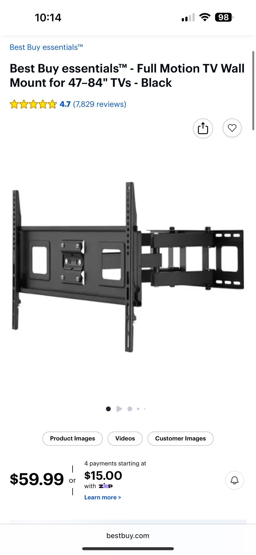 Best Buy essentials™ - Full Motion TV Wall Mount for 47–84" TVs - Black