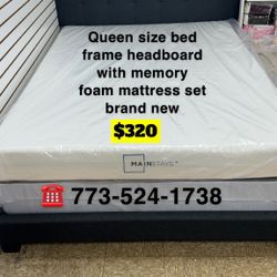 Queen Size Bed Frame Headboard With Memory Foam Mattress Set Brand New $320 Only Whole Set 