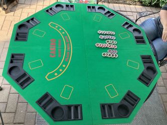 Fat Cat Poker and Black Jack Table Top for eight players (Dicks Sporting Goods), soft felt, open diagonally 48” by 48” by 1” with easy carry storage b