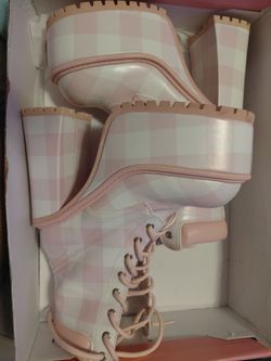 Pink and white plaid high boots