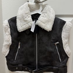Women Faux Leather Sherpa Vest Cropped Biker Jacket Black Size S New