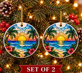 Tropical Beach Sunset Christmas Ornaments Set of 2