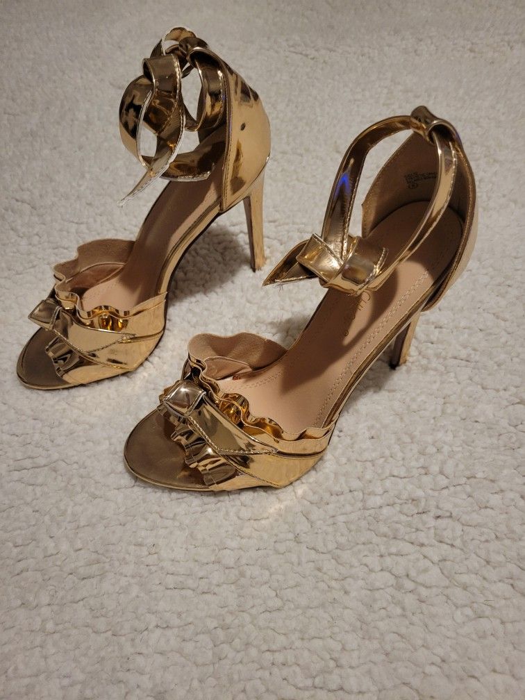 WOMENS CHASE & CHLOE BOW STILETTO METALLIC HEELS GOLD WITH ANKLE STRAP SIZE 8