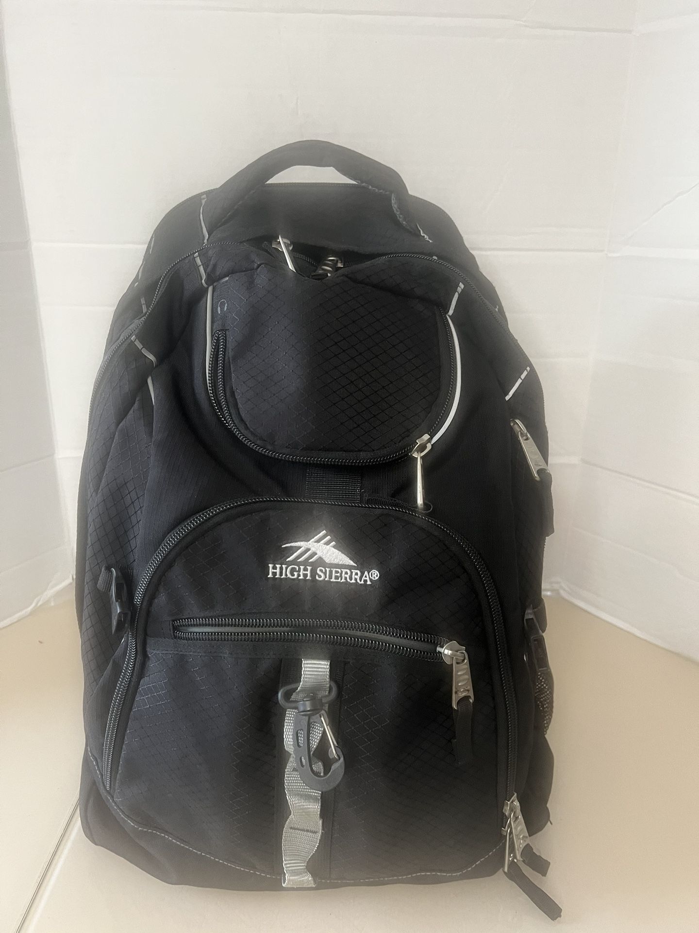 High Sierra Backpack Padded Gray Black Suspension Strap System Hiking Camping. Used in good condition with minor cosmetic blemishes associated with no