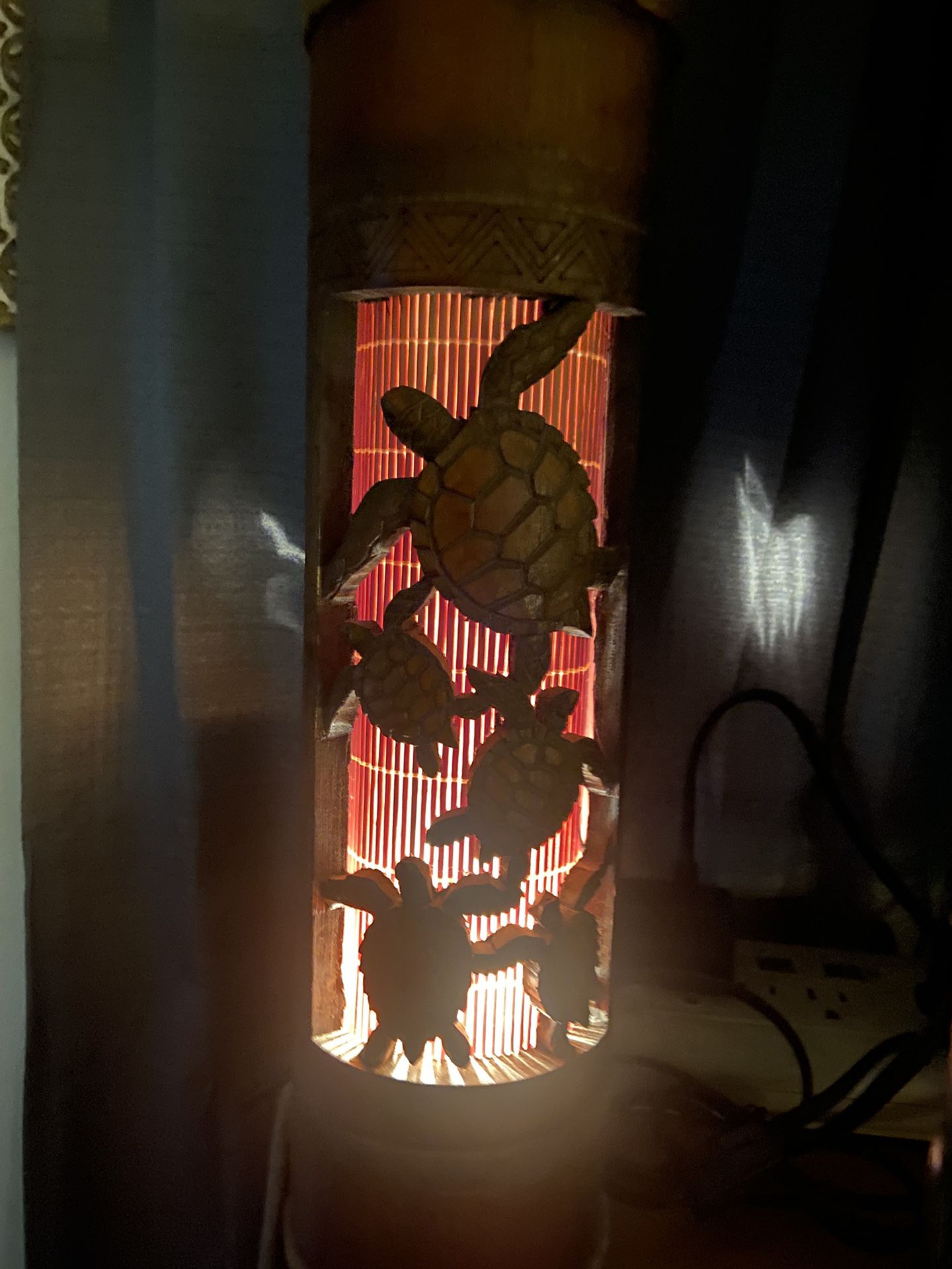 Vintage Table Lamp Hand Carved From Maui Hawaii 70s Tiki Bohemian Turtles