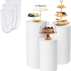 3Pcs Cylinder Stands for Party White Round Pedestal Stand (with 3pcs Spandex Cloth Cover) for Birthday Wedding Party Outdoor Indoor Decor (White).