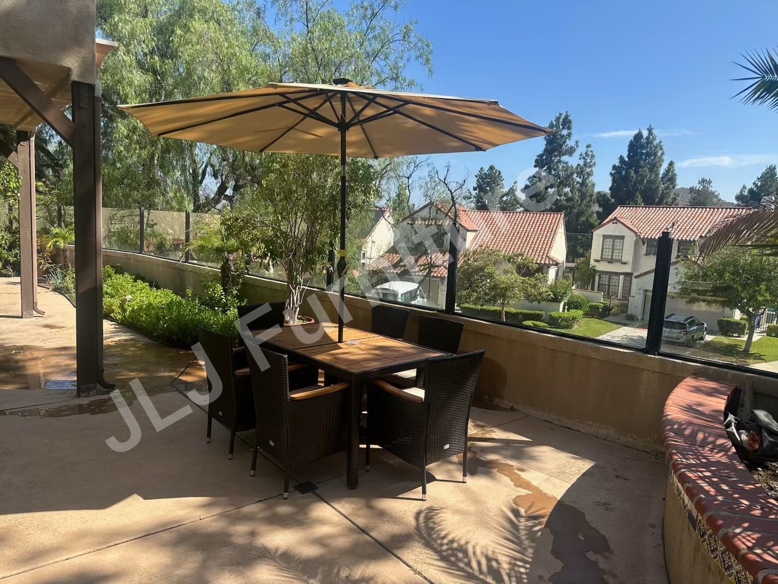 NEW 🔥Outdoor Patio Furniture Dining Set 7 Pc Brown Wicker Wood w/10' Tan Solar LED Umbrella and Base ASSEMBLED