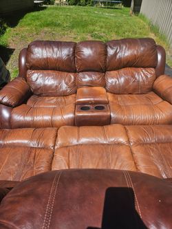 RECLINING LEATHER COUCH, LOVESEAT, TABLE, MARBLE BAR