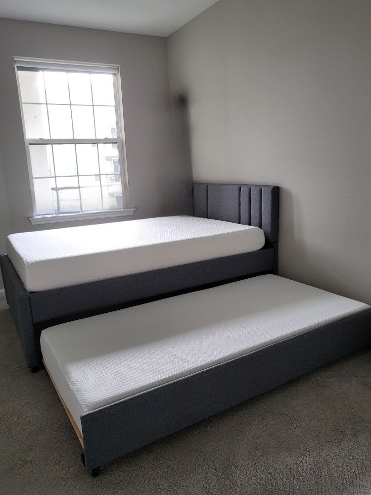 Full Size Upholstered Platform Bed with Twin Trundle