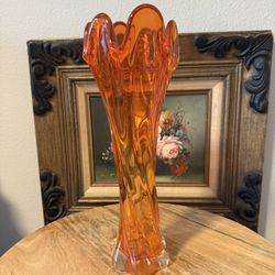Vintage Mid-Century Modern (MCM) Orange Swirl Glass Vase | Swung Vase | 6 Fingers | 12” Tall | Ruffled Flame Like Top | Retro Flower Vase
