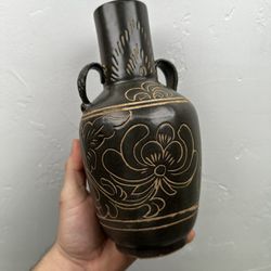Antique Chinese Sgraffito Pottery Vase Song Dynasty Style Qing Republic Era 