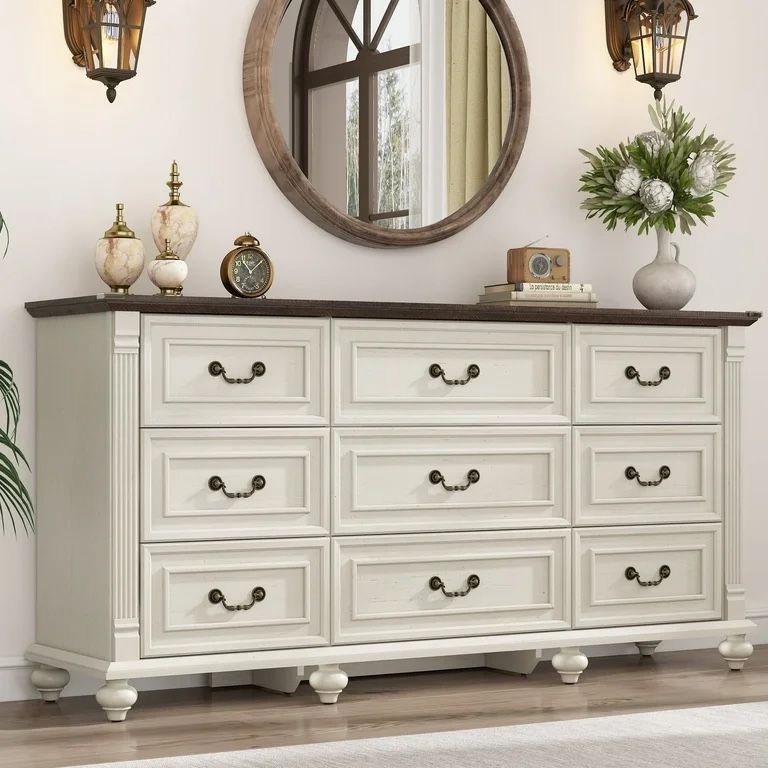 9 Drawer Dressers for Bedroom, Farmhouse Dresser with 6 Solid Wood feet, 63" Wide White Dresser Wooden Dresser Rustic Chest of Drawers Long Dresser