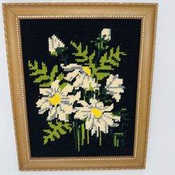 Vintage Wood Framed Daisies Needlework Black Floral BOHO bohemian Gothcorp 12"  11 1/2 inches tall by 9 1/2 inches wide by about 1 inch deep. Wood fra