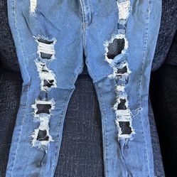 Forever 21+ Women's Distressed Fishnet Skinny Jeans Size 20 Blue Denim