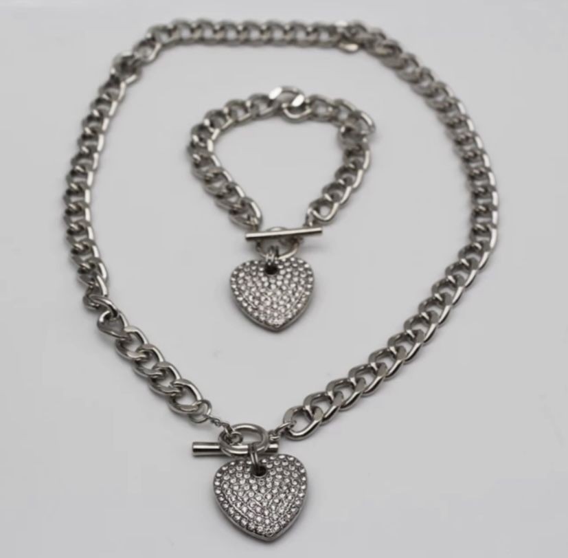 2 Pc Heart Charm Necklace & Bracelet Set (Silver)