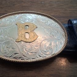 Montana Silversmiths Classic Western Oval Two-Tone Initial Belt Buckle - B - German Silver Ferrini Belt Black Cherry Ostrich Quill