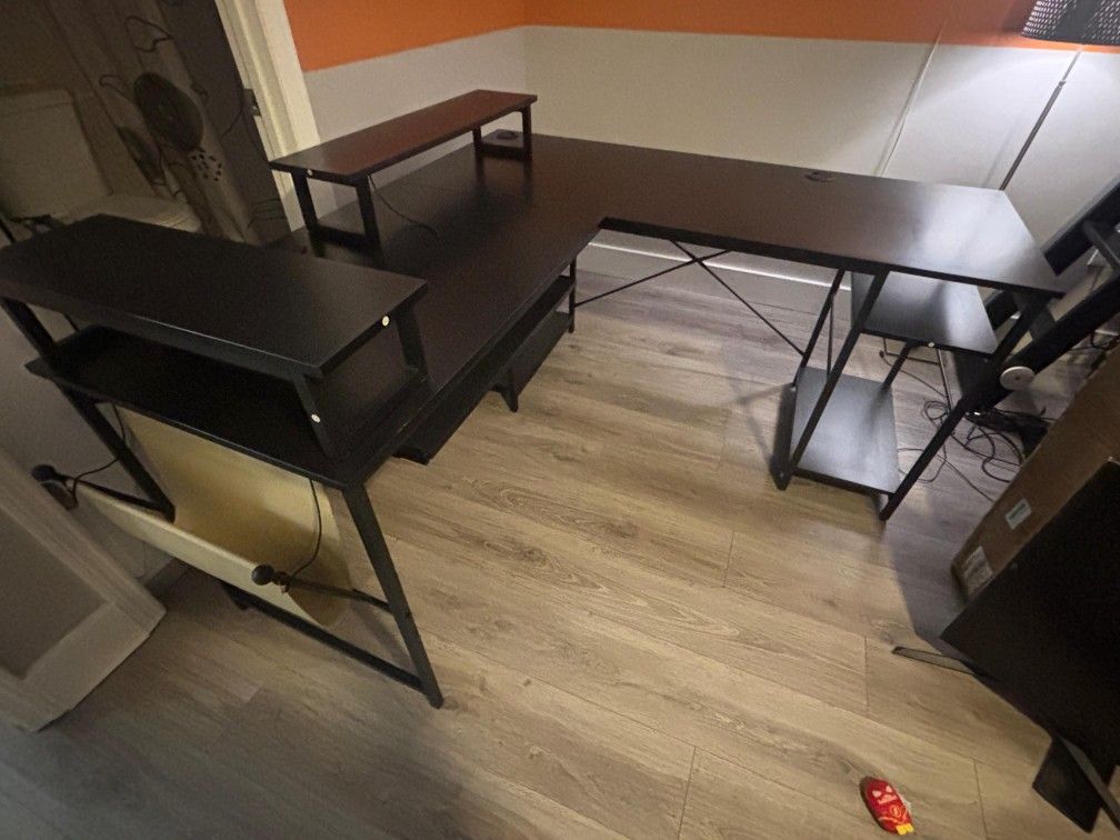 Bestier 95.2 inch L Shaped Gaming Desk with LED Light Home Office Desk with Monitor Stand & Keyboard Tray in Carbon Fiber