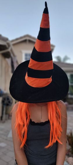 Glow in the Dark Orange and Black Witch Hat with Orange Wig