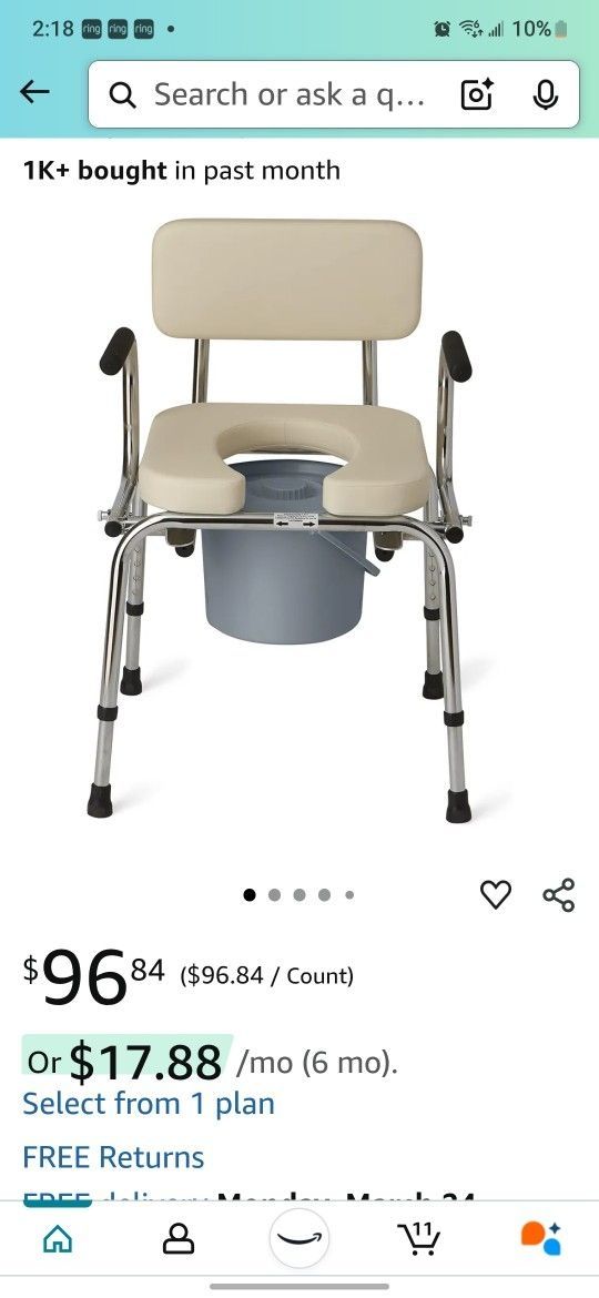 Drop Arm Commode with Padded Seat and Backrest Brand New In...