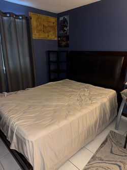 Queen Size Bed Frame with Wood and Faux Leather Headboard