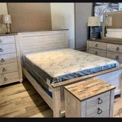 7 Piece Queen Size Whitewashed Two Tone Bedroom Set👉 Queen Panel Bed, Nightstands, Dresser, Mirror✅ New Brand 🤩 Fastest Delivery ✅