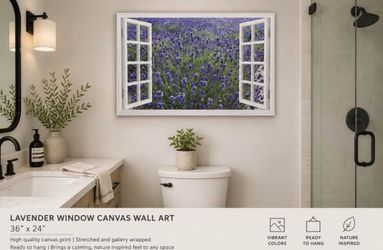 Large Lavender Field Window Canvas Wall Art 36” x 24” | Purple Floral Decor