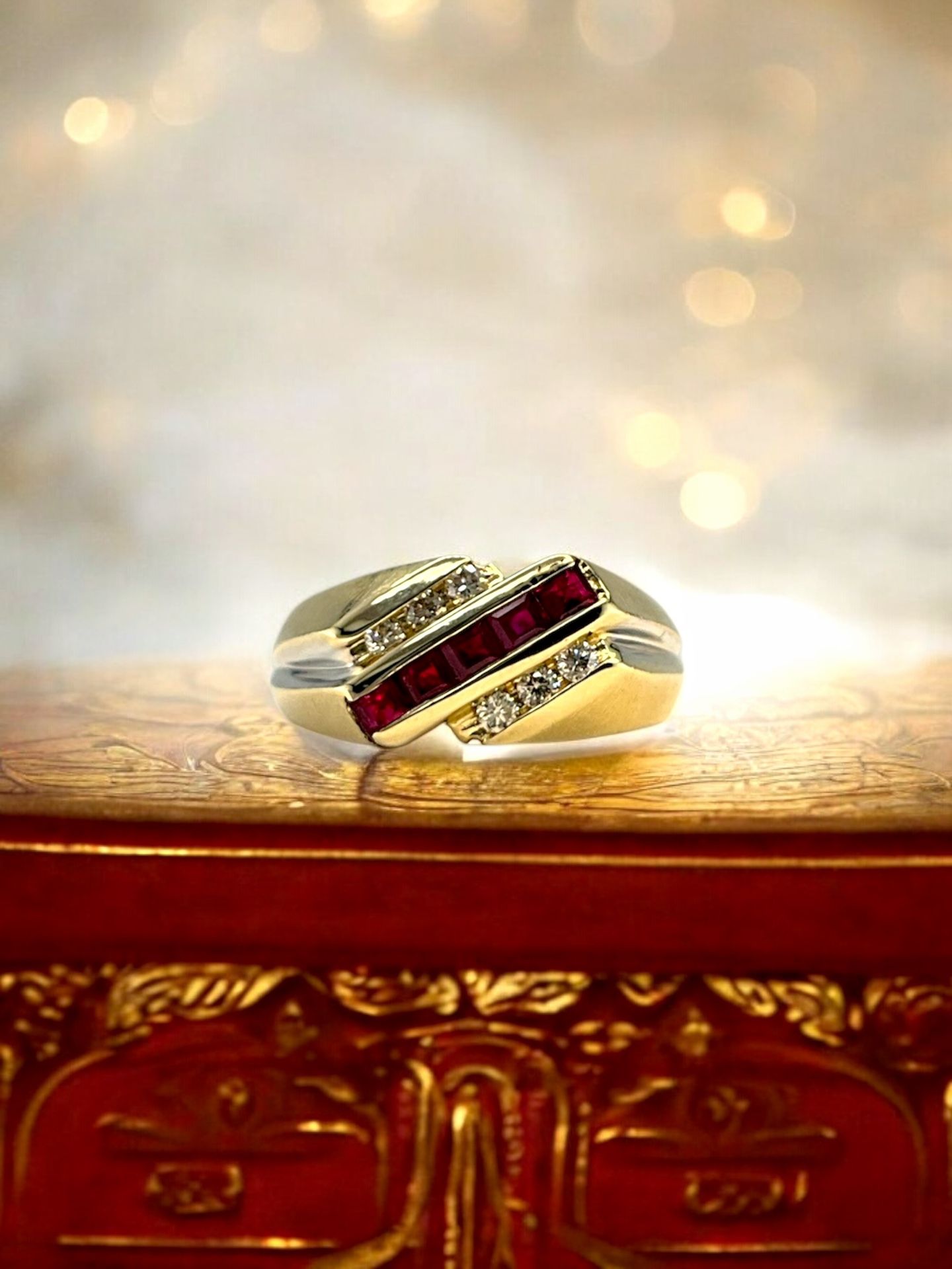14kt Yellow Gold with Princess Cut Red Stones and Small Round Diamonds Band Ring.