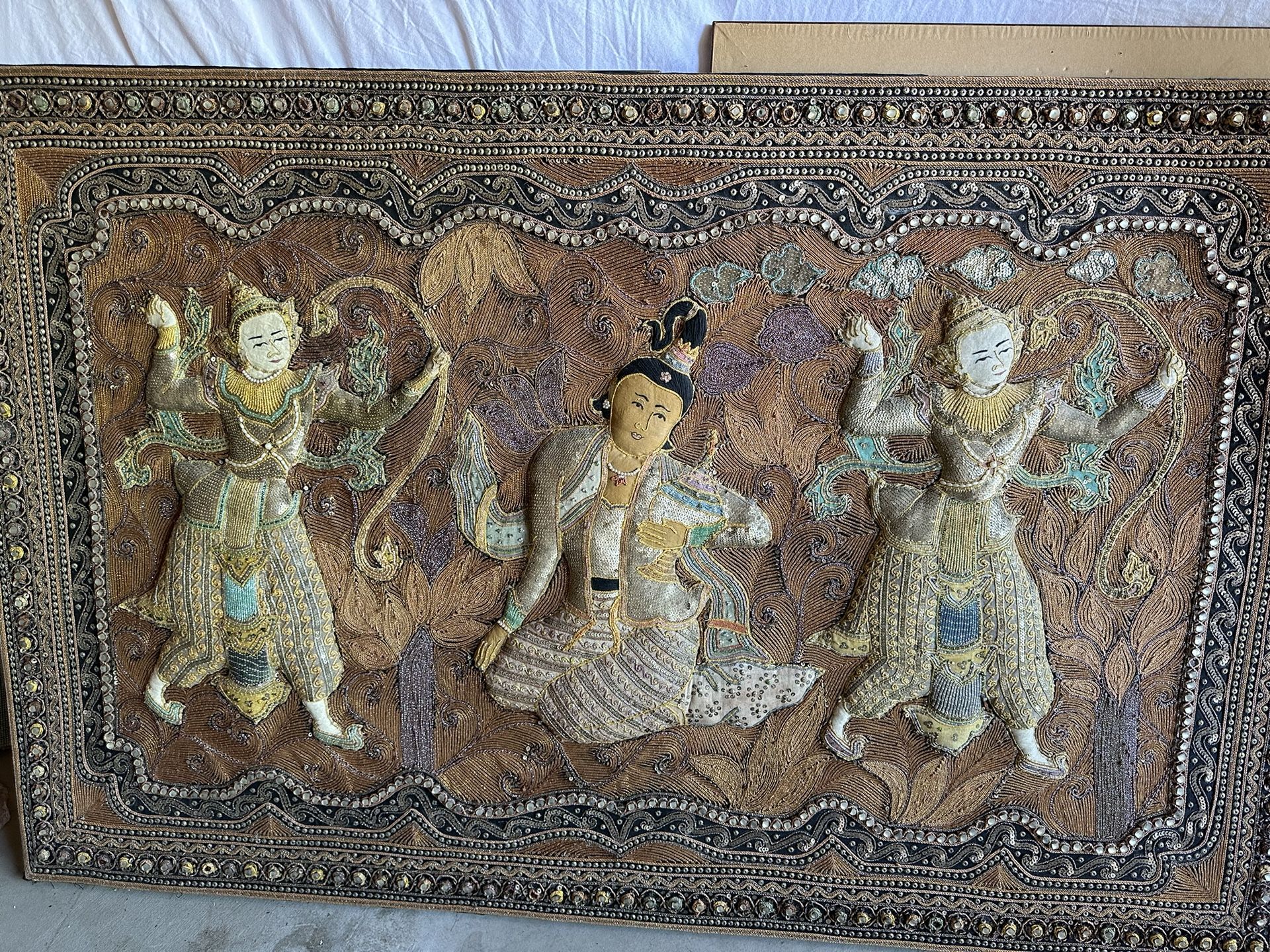 1900’s Sequins Embroidered Kalaga Tapestry Beads And Gemstones Sacred Royal Angels Wall Hanging Thai Burmese