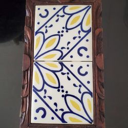 Carved Wood And Ceramic Tiles Trivet 