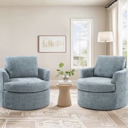 Carson Light Blue Chenille Upholstered Swivel Accent Chair Adjustable Back Height Armchair with Wood Frame Set of 2