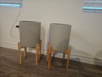 Set of 2 Concrete Planters with Wood Stands