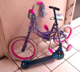 Kids Purple Bike and Blue Scooter Set
