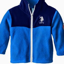 US - Polo Association Baby Boys Fashion Outerwear Blue Jacket-2-Tone • Size -6/9 M • Fleece-Lined Thick Plush • Front Zipper Secure With Hat Standing 