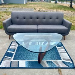 Living room furniture (couch, chairs, rug, table)