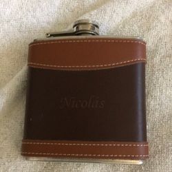 Nicolas 4 Oz Flask Unused  Leather Trim Stainless Steel