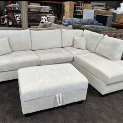 Cream Sectional W Storage Ottoman 