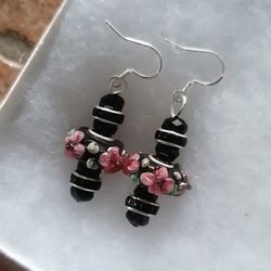 IMPORTED MURANO FLORAL CHARMS SWAROVSKI BEADACCENT EBONY UNIQUE BOUTIQUE EARRIN