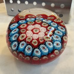 Vintage Milliefiori Italian Red Blue Art Glass Paperweight