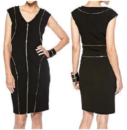 Calvin Klein CD3X1C77 Black/Gold Zipper Detail Stretch Sheath Dress Size 2
