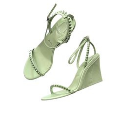 NEW Christian Louboutin So Me 85 Studded Patent-Leather Wedge Sandals 36 Green