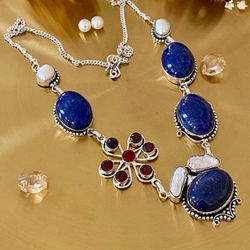 Natural Lapis, Garnet And Biwa Pearl 925 Sterling Silver Overlay Necklace