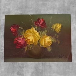 Vintage Original Oil Painting Yellow Roses Floral Still Life Signed Impasto Art