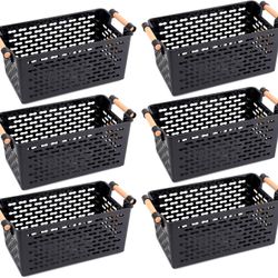 Yesland 6 Pack Plastic Storage Basket, Black Basket Organizer Bin with Handles
